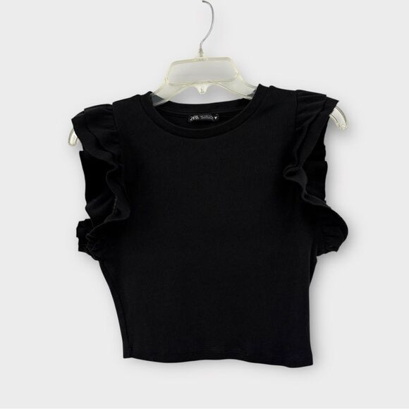 Zara Ribbed Flutter Sleeve Crop Top in Black Women’s Size L - Picture 3 of 7